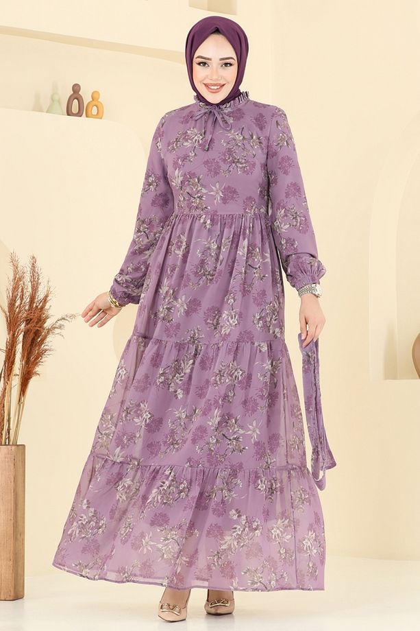 Yaprak Desen Şifon Elbise 5205AL357 Koyu Lila - 3