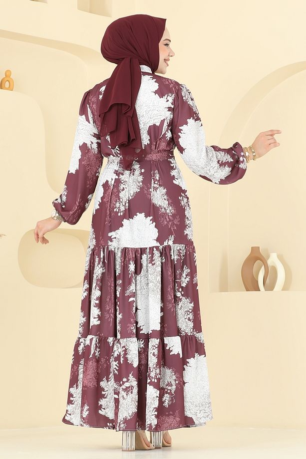 Yarım Düğmeli Desenli Elbise 4458BRZ597 Desen1 Mürdüm - 4
