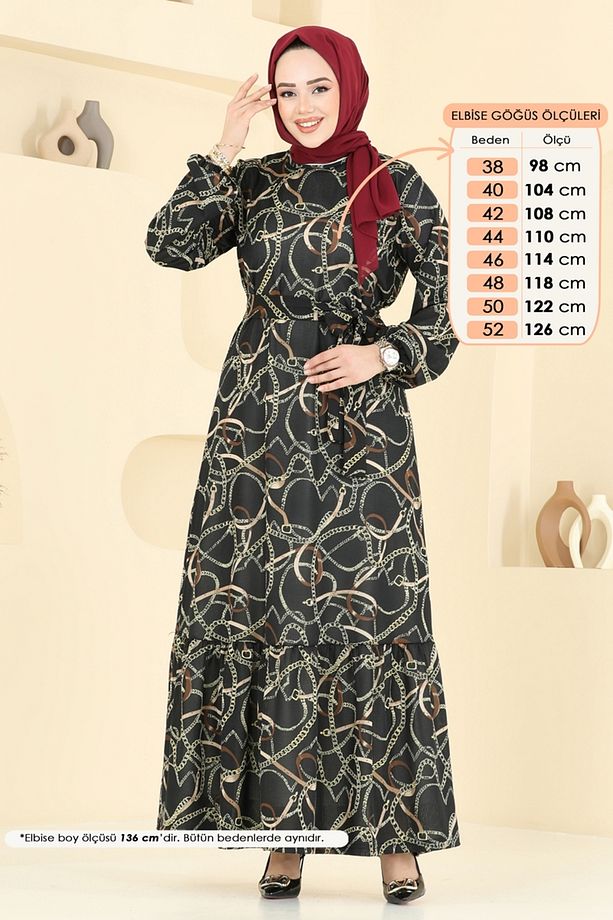 Zincir Desenli Helen Elbise 4086PM271 Siyah - 2