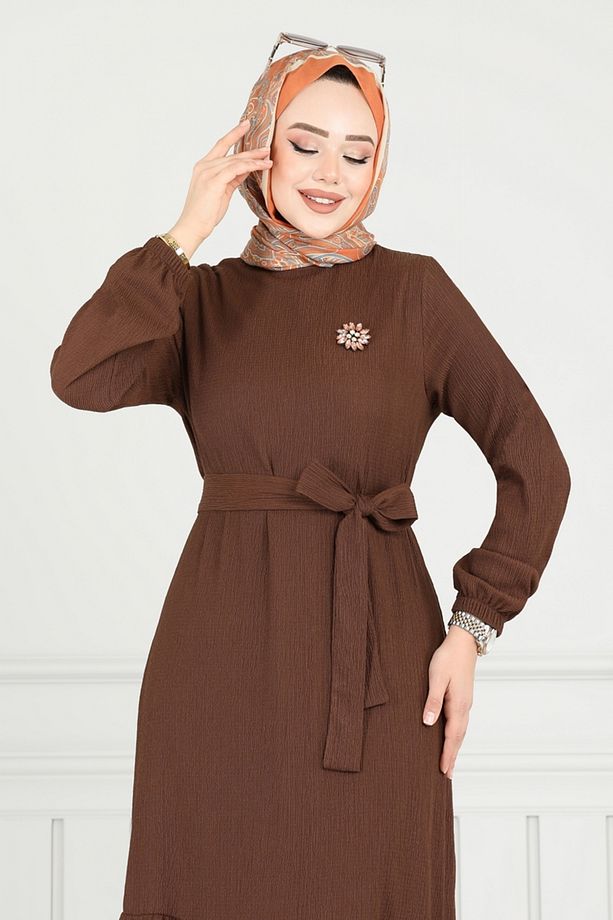 Broş Detay Bürümcük Elbise 422DVL817 Kahve - 3