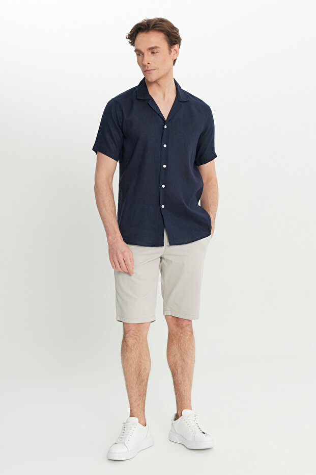 Erkek Lacivert Keten Comfort Fit Rahat Kesim Hawai Yaka Gömlek - 2