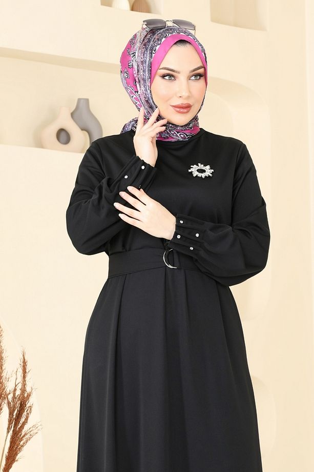 Kolları Taşlı Tesettür Elbise 397DVL817 Siyah - 3