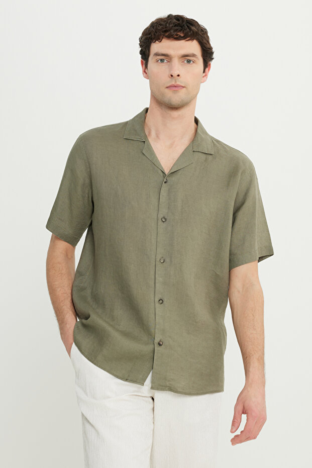 Erkek Haki Keten Comfort Fit Rahat Kesim Hawai Yaka Gömlek - 3