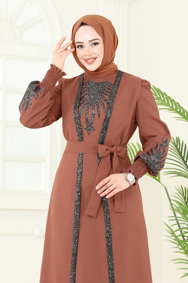 Yelekli Abiye Elbise Takım ASM2758 Taba - 3