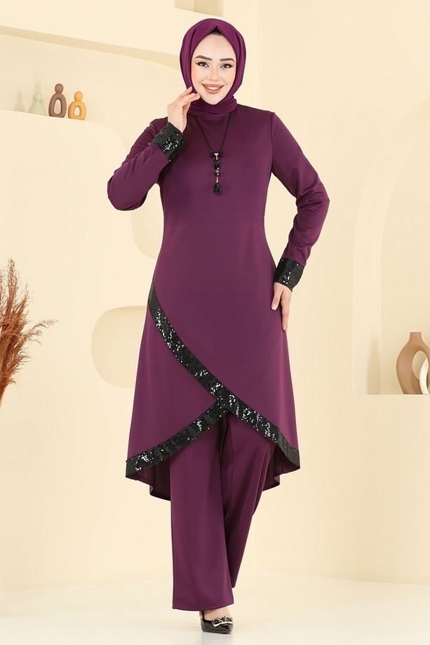 Kolyeli Pul Payet Takım 4559ASMK1074 Mürdüm - 5