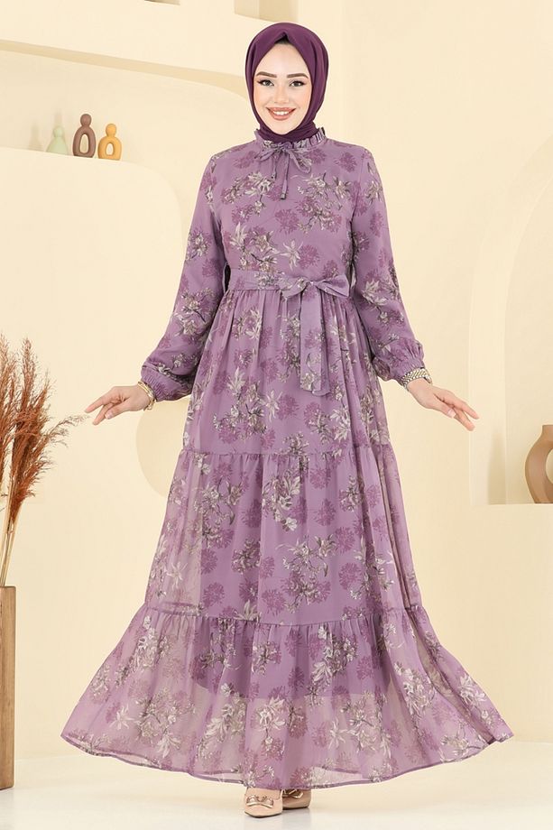 Yaprak Desen Şifon Elbise 5205AL357 Koyu Lila - 2