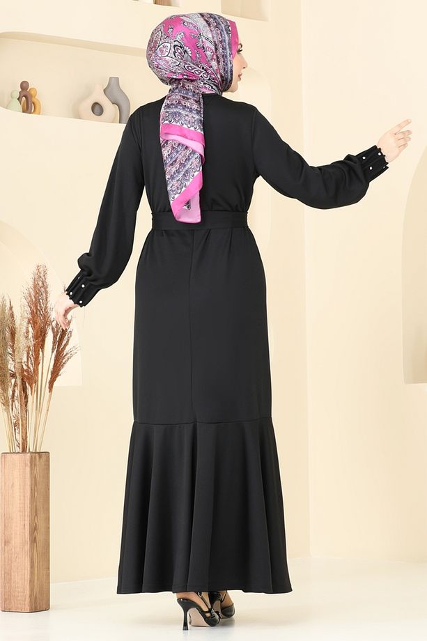 Kolları Taşlı Tesettür Elbise 397DVL817 Siyah - 4