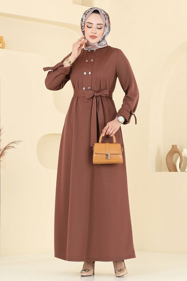Önden Çıtçıtlı Tesettür Elbise 416DVL817 Açık Kahve - 5