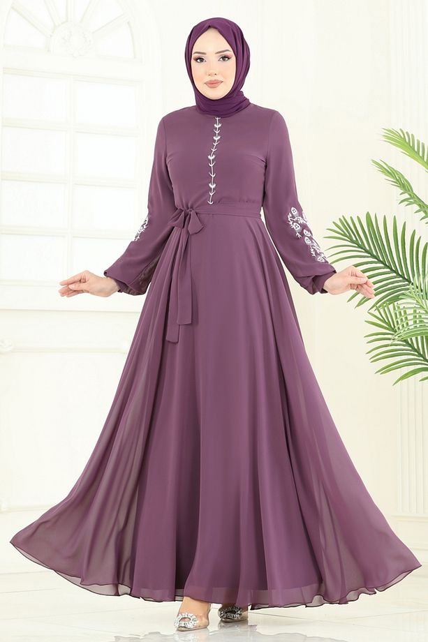 Nakış İşlemeli Şifon Elbise 8022AB368 Koyu Lila - 1