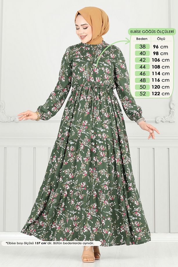Çiçek Desen Tesettür Elbise 7122BG354 Haki - 2