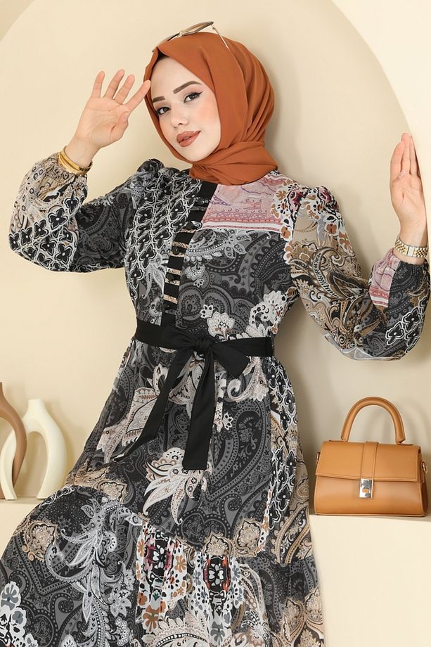 Etnik Desen Şifon Elbise 5297AL357 Siyah - 3