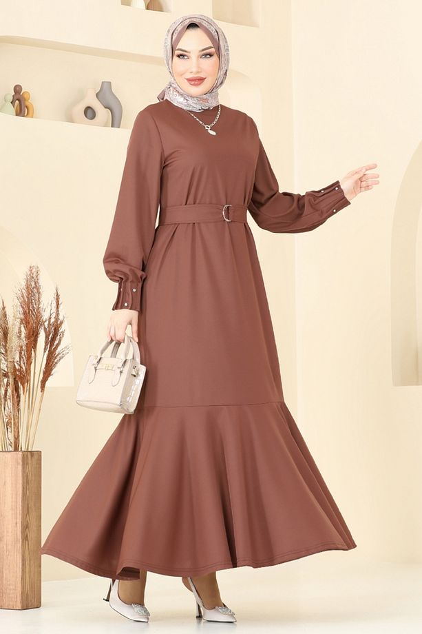 Kolları Taşlı Tesettür Elbise 397DVL817 Kahve - 5