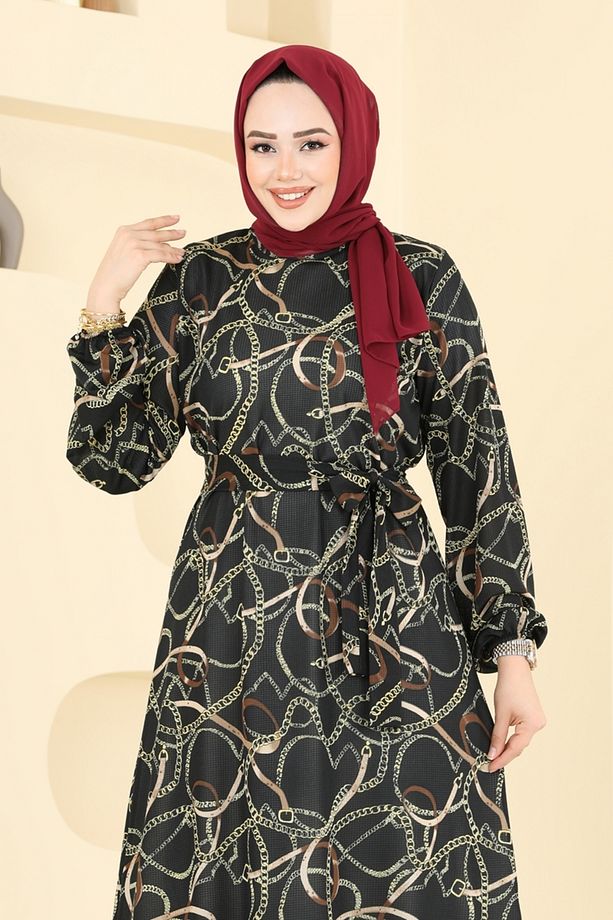 Zincir Desenli Helen Elbise 4086PM271 Siyah - 3