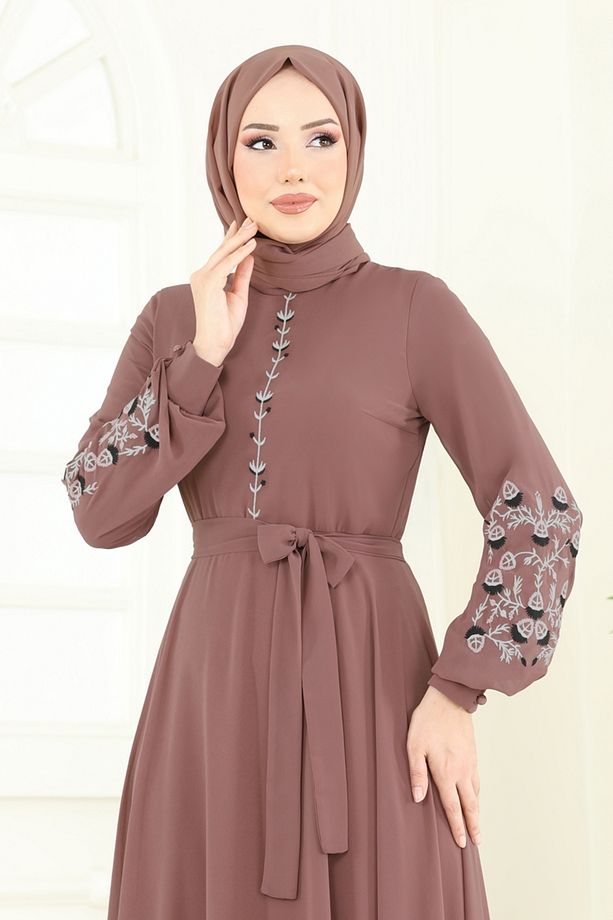 Nakış İşlemeli Şifon Elbise 8022AB368 Pudra Vizyon - 4