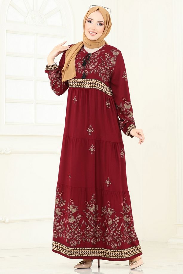 Yakası Bağcıklı Viskon Elbise 4083ZNN863 Bordo - 1