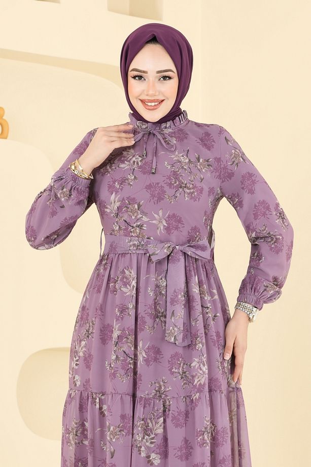 Yaprak Desen Şifon Elbise 5205AL357 Koyu Lila - 4