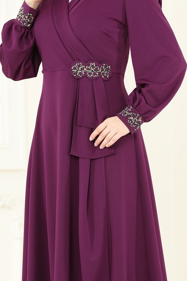 Taş Detay Abiye Elbise ASM2804 Mürdüm - 4