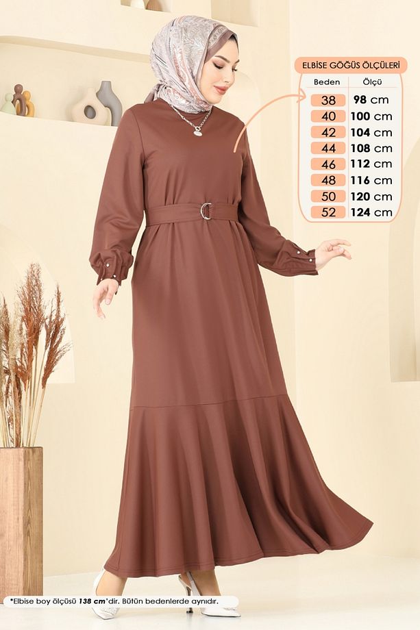 Kolları Taşlı Tesettür Elbise 397DVL817 Kahve - 1