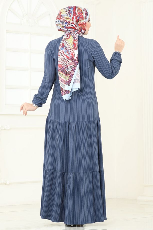 Fular Yakalı Tesettür Elbise 4076PM271 İndigo - 4
