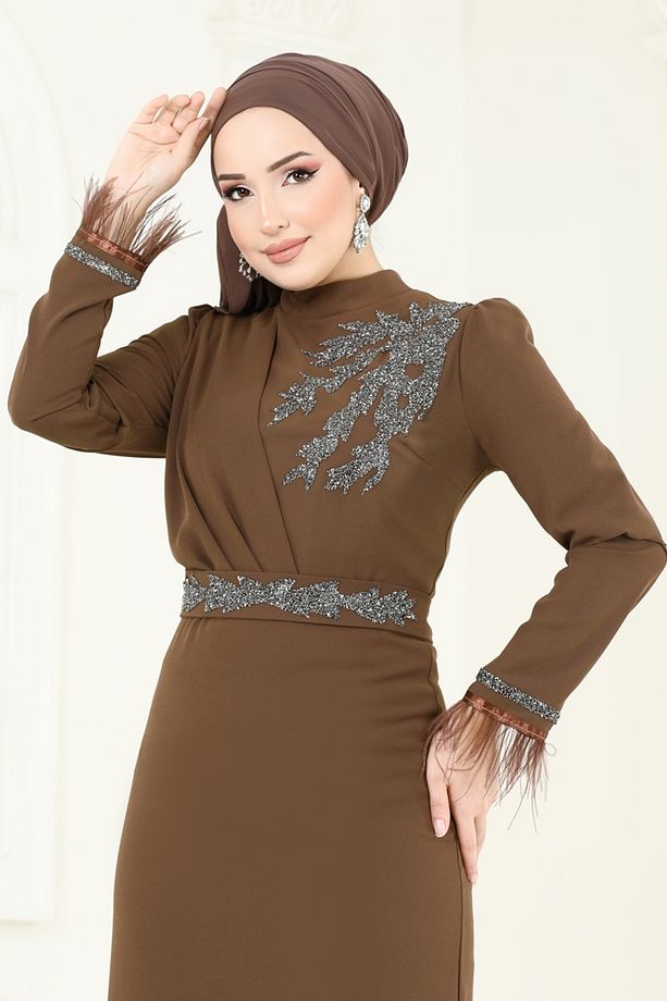 Otriş Tüylü Abiye Elbise 5642EDF311 Kahve - 2