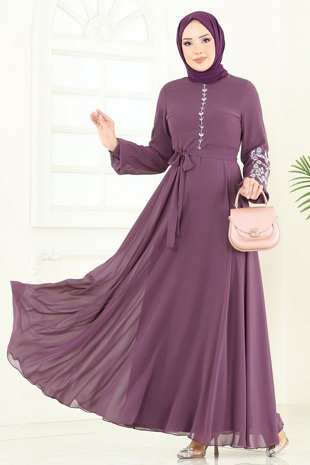 Nakış İşlemeli Şifon Elbise 8022AB368 Koyu Lila - 6