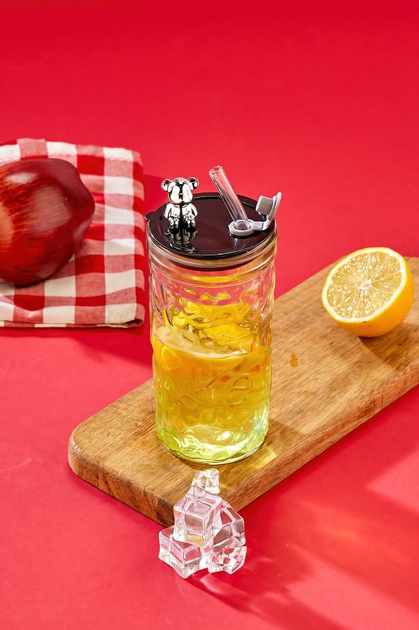 Ayıcık Figürlü - Meşrubat / Cam Bardak / 420 ml / Cam Pipet Hediyeli / Siyah - Tekli - 2