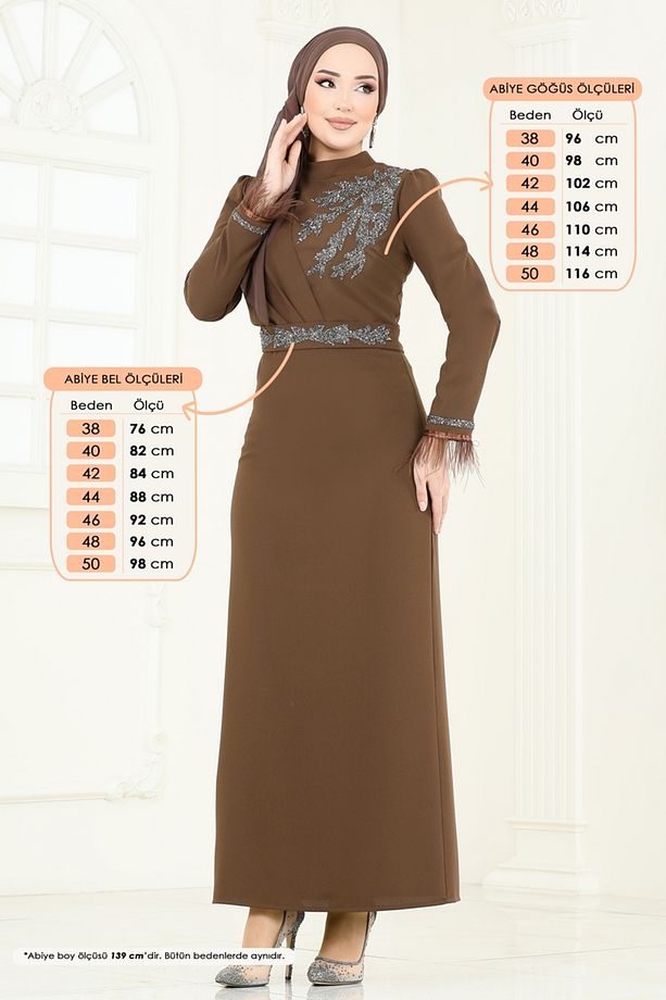 Otriş Tüylü Abiye Elbise 5642EDF311 Kahve - 1