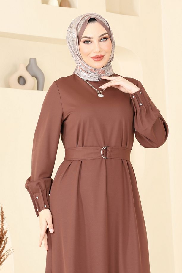 Kolları Taşlı Tesettür Elbise 397DVL817 Kahve - 3