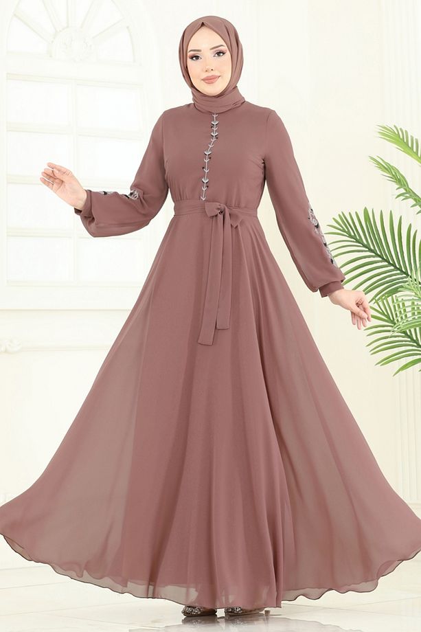 Nakış İşlemeli Şifon Elbise 8022AB368 Pudra Vizyon - 3