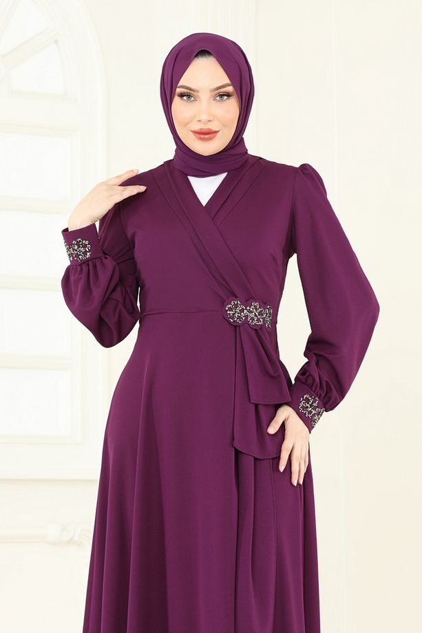 Taş Detay Abiye Elbise ASM2804 Mürdüm - 3