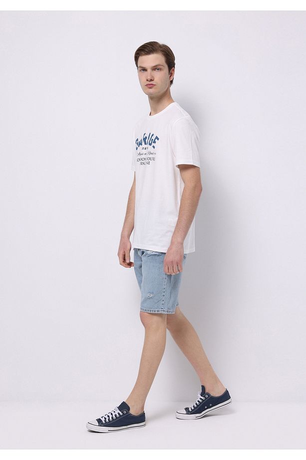 Regular Fit Orta Bel Düz Erkek İndigo Jean Şort - 3