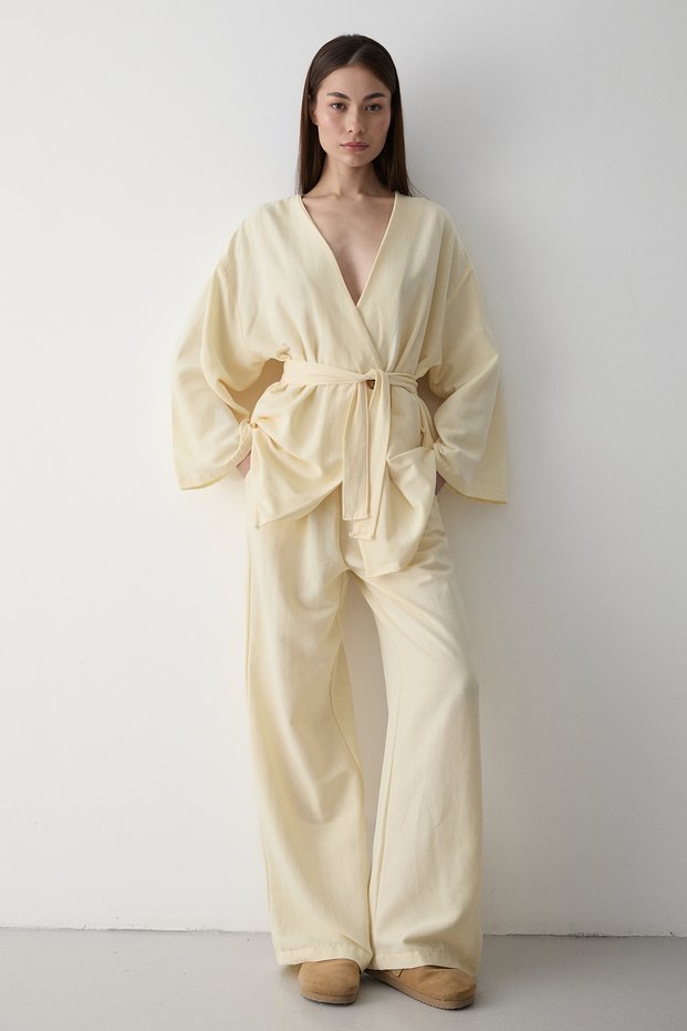 Yellow Cotton Kimono Wide Leg Pants Set