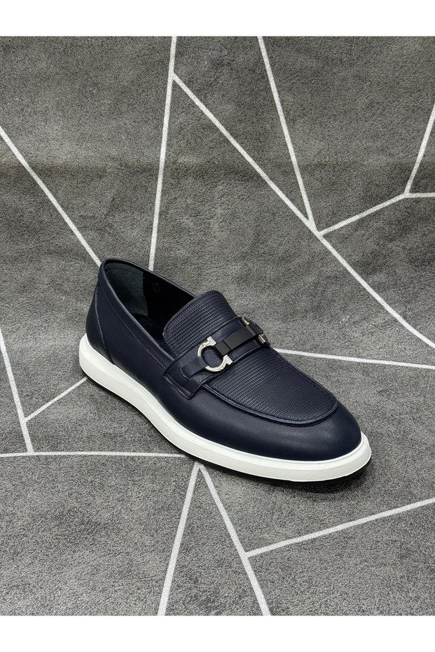 Navy Blue Genuine Leather Laceless Buckle Shoes