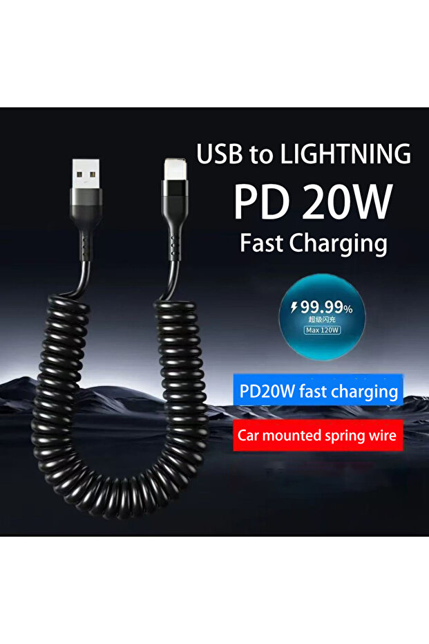 كابل USB إلى LIGHTNING للسيارة بطول 1 متر، كابل USB من النوع C/Type C إلى النوع C/USB LIGHTNING، كابل شحن سريع، كابل تلسكوبي زنبركي