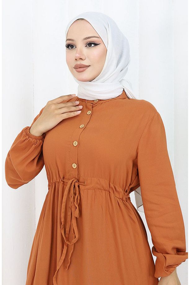 Viskon Kumaş Yarım Düğmeli Elbise 0085-02 Kiremit - 3