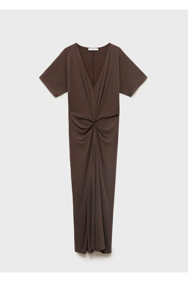 Büzgülü V yaka elbise - 3