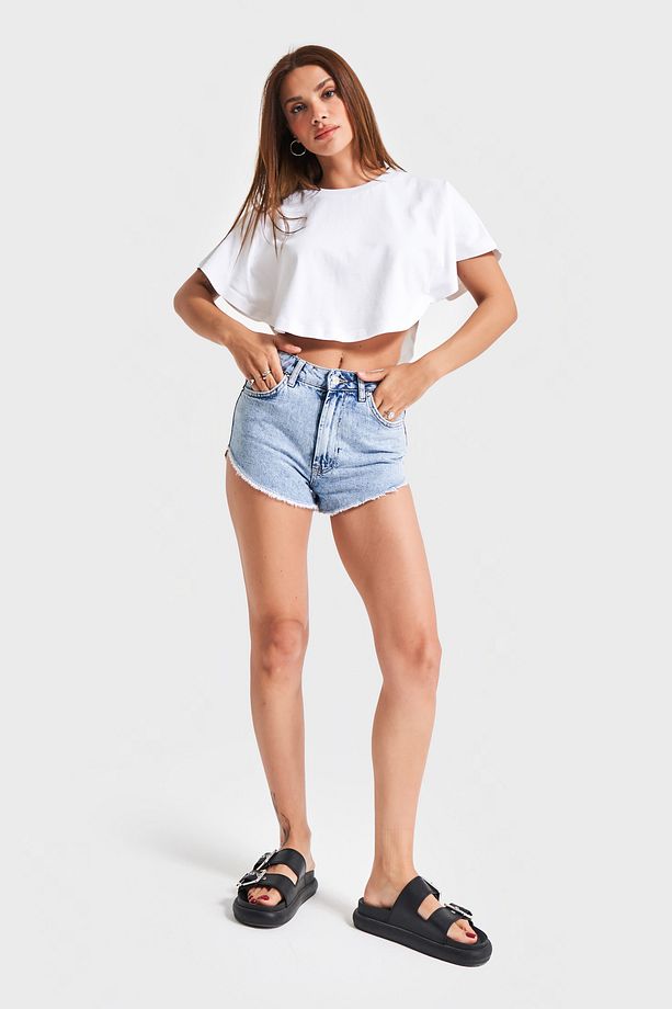 Kadın Snow Kot Rengi Luna Paça Püsküllü Mini Denim Şort - 6