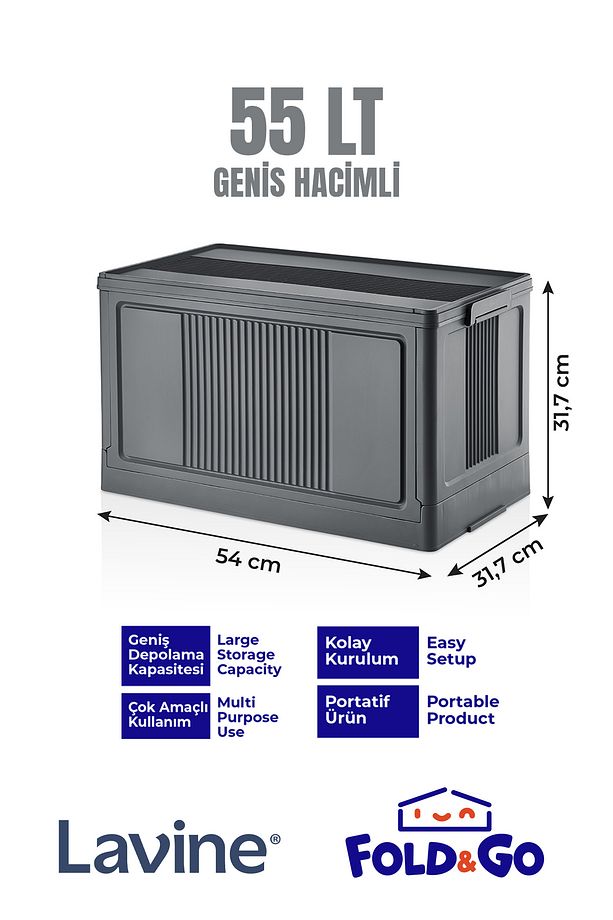 Fold&Go Tekli Portatif Organizer Kapaklı Kasa ”Antrasit” Çok Amaçlı Katlanır İstiflenebilir - 1