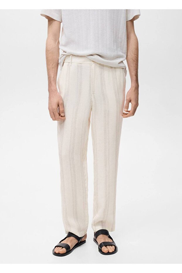 Elastik bel bantlı %100 keten pantolon - 1