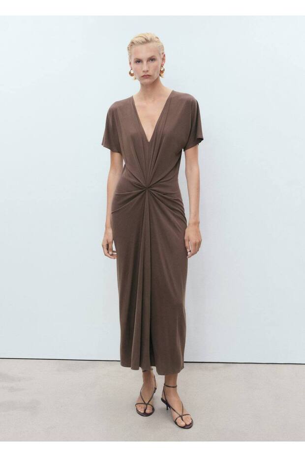 Büzgülü V yaka elbise - 2