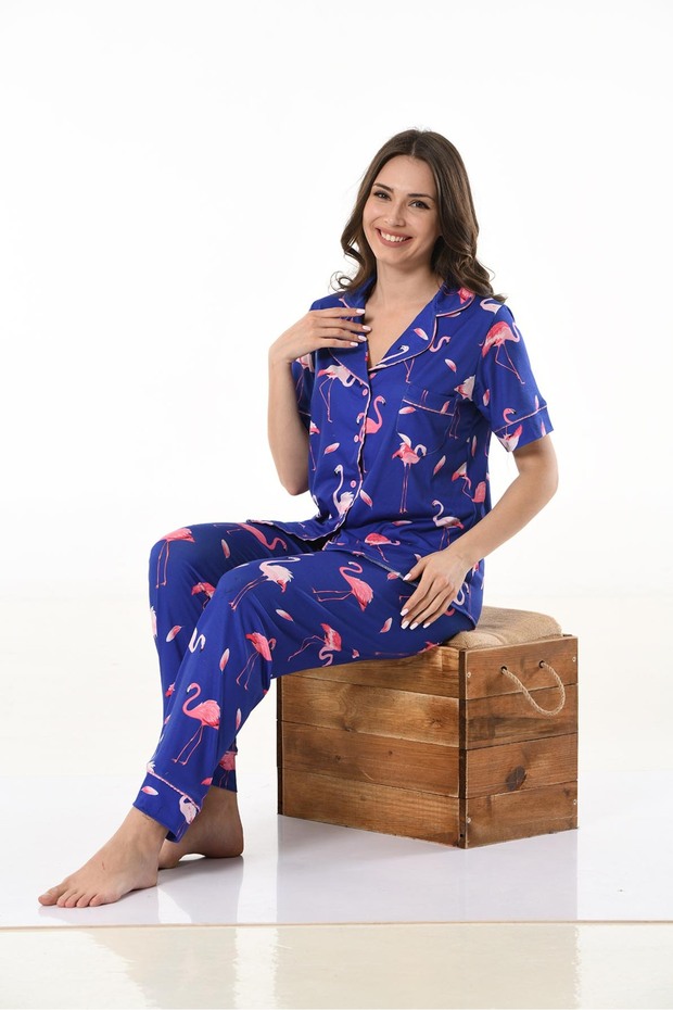 Shirt Collar Short Sleeve Printed Women's Pajama Set