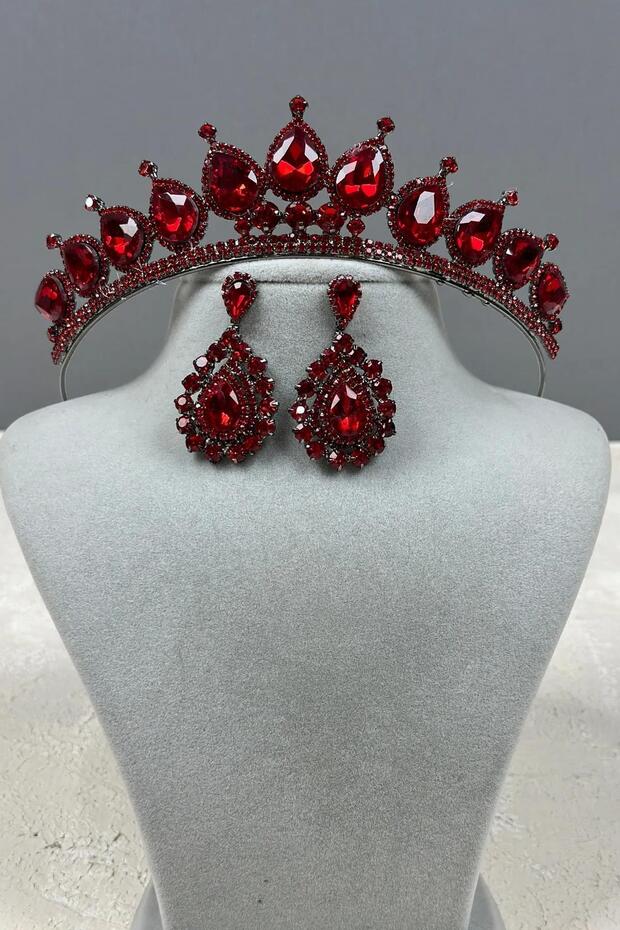 Neri Model Wedding Henna Costume Crown and Drop Shuttle Earring Set Burgundy