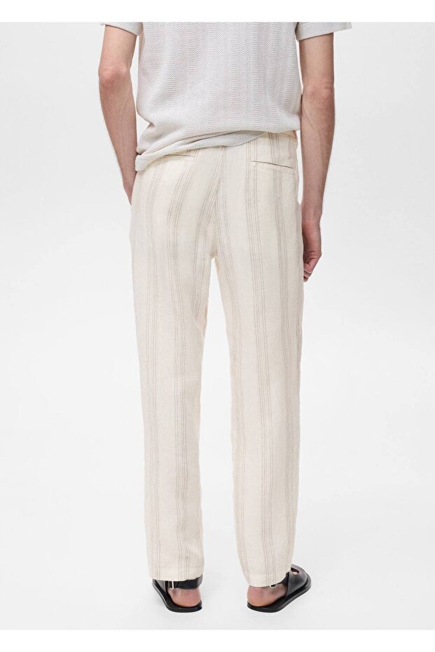 Elastik bel bantlı %100 keten pantolon - 4