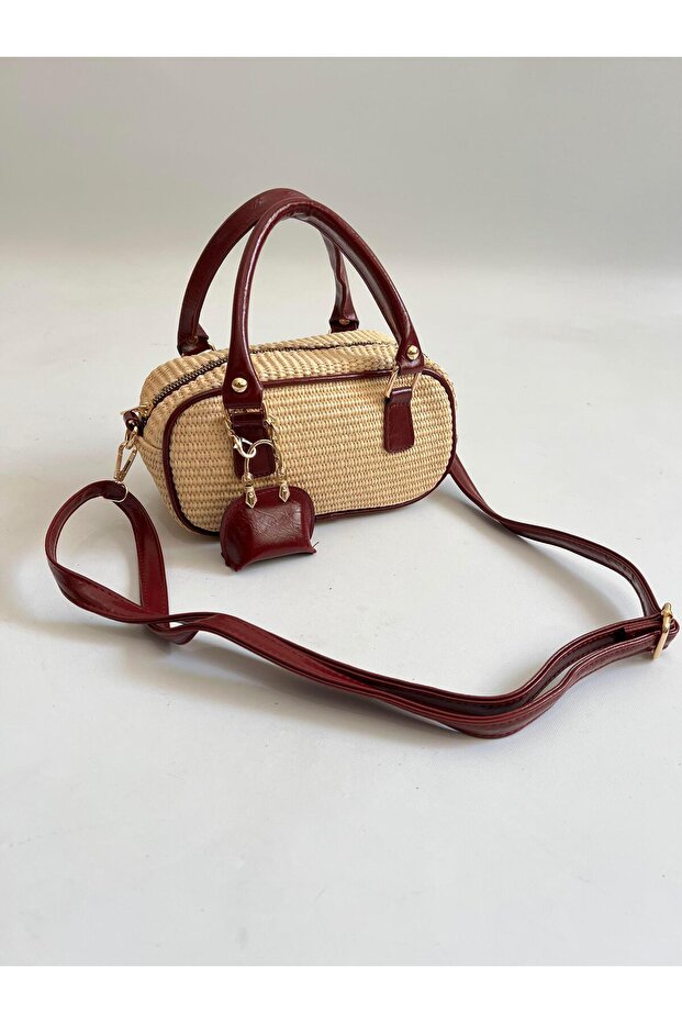 Real Straw Lyon Model Hand and Women Shoulder Bag Burgundy