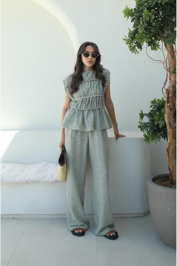 مجموعة سراويل بلوزة ذات طبقة خضراء - 2