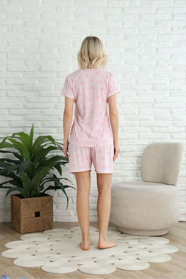 PEMBE FİYONK DESENLİ ŞORTLU ÖRME PİJAMA TAKIMI - 5