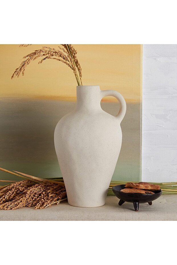 Beige Ceramic Vase with 1 Handle, Modern Farmhouse, 25.6 cm Tall