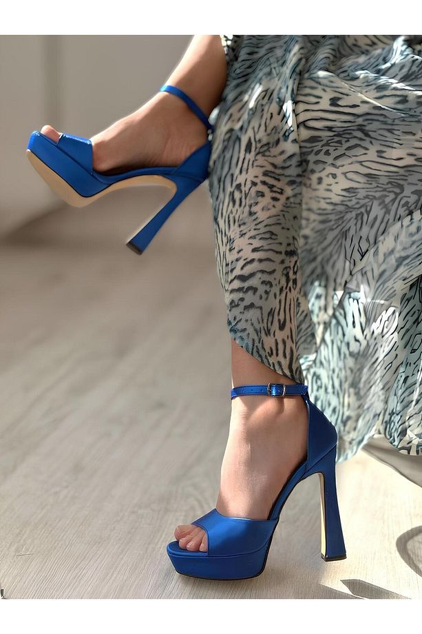 Saks Mavi Tek Bant Saten Platform Yüksek Topuklu Abiye Ayakkabı - 5