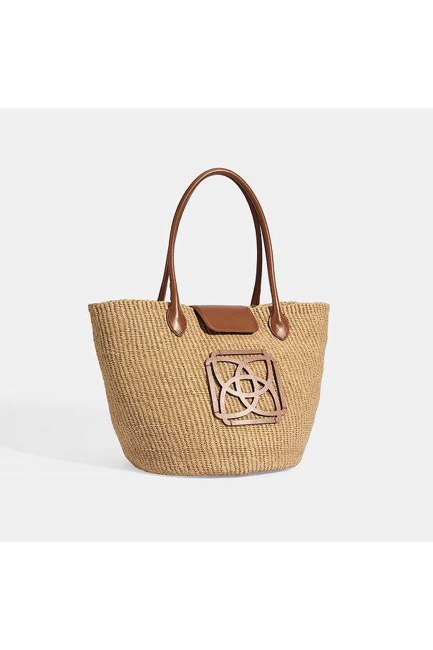 Kadın Taba Monogram Logolu Hasır Omuz Çantası - 4