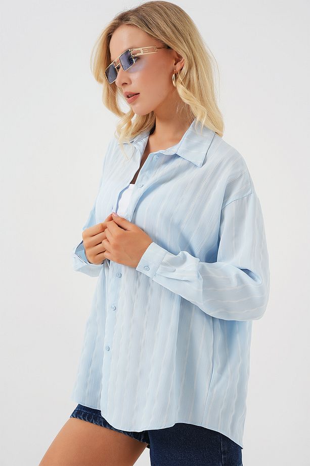 3900 Oversize Uzun Basic Gömlek - C.Mavi - 4